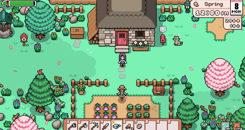 A player tending a spring farm outside a stone cottage in Fields of Mistria